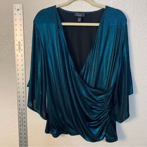 Dressbarn shimmery evening wear Blue Flutter Sleeve gathered side Blouse